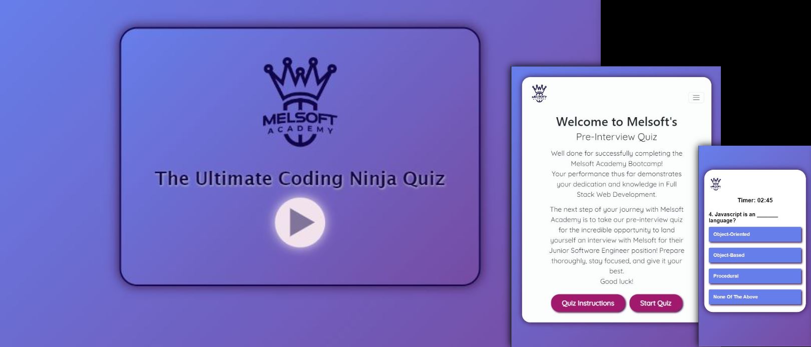 Display of responsive web application of a coding quiz design.